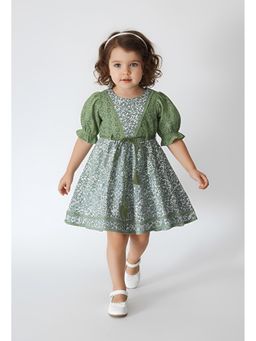 Bella Moda - Green Printed Knee Length Dress with Belt