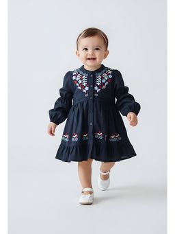 Bella Moda - Navy Blue Embroidered Knee Length Dress