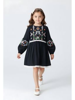 Bella Moda - Navy Blue Embroidered Knee Length Dress