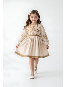 Bella Moda - Beige Embroidered Knee Length Dress