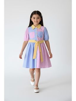 Bella Moda - Multi-Color Colorblock Knee Length Dress With Belt