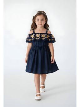 Bella Moda - Navy Blue Embroidered Knee Length Dress