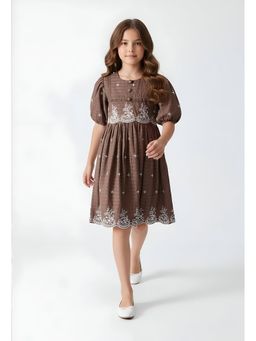 Bella Moda - Brown Embroidered Knee Length Dress