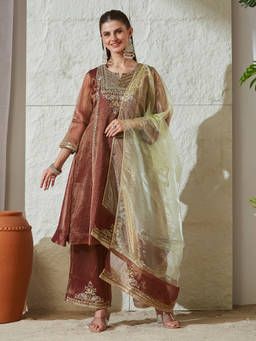 MOKOSH - Women Brown Embroidered Silk Co-Ord Set
