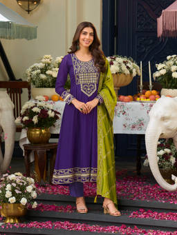 MOKOSH - Women Purple Embroidered Silk Anarkali Kurta and Pant with Dupatta