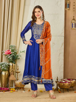 MOKOSH - Women Blue Embroidered Silk Anarkali Kurta and Pant with Dupatta
