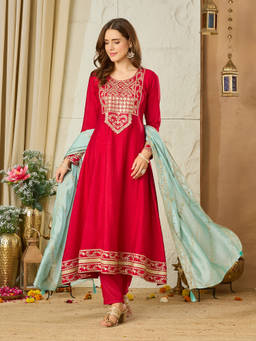 MOKOSH - Women Red Embroidered Silk Anarkali Kurta and Pant with Dupatta
