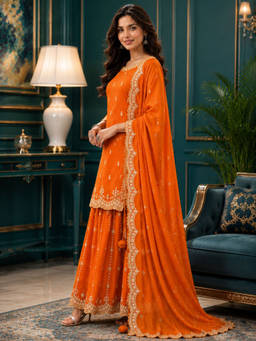 Shaily - Women Orange Floral Chiffon Kurta and Palazzo with Dupatta