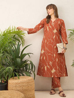 Shaily - Women Rust Printed Cotton Co-Ord Set