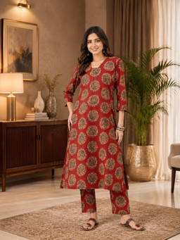Shaily - Women Red Floral Cotton Co-Ord Set