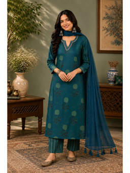 Shaily - Women Green Floral Cotton Kurta and Pant with Dupatta