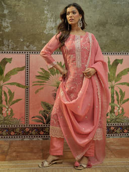Shaily - Women Peach Floral Chiffon Kurta and Pant with Dupatta
