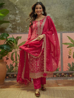 Shaily - Women Red Floral Chiffon Kurta and Pant with Dupatta