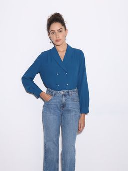 VERO MODA - Blue V-Neck Collar Top