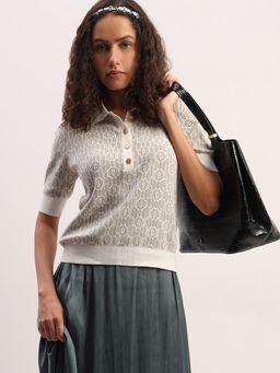 VERO MODA - Beige Polo Neck Printed Knit T-Shirt