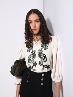 VERO MODA - Beige Embroidered Top