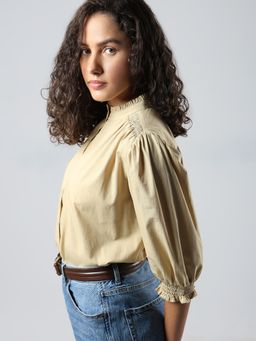 VERO MODA - Beige Cotton Three-Fourth Sleeve Top