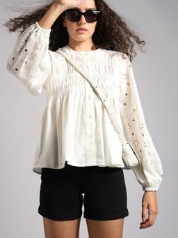 VERO MODA - White Cut-Work Smocked Top