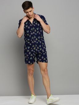 SHOWOFF - Mens Printed Navy Blue Shirt Collar Co-Ords (Set of 2)