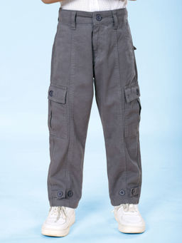 KiddoPanti - Boys Grey Cotton Full Length Front Cut Sew Cargo