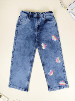 KiddoPanti - Girls Blue Denim Woven Rainbow Heart Sequins Straight Fit Jeans