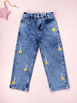 KiddoPanti - Girls Blue Denim Woven Yellow Stars Straight Fit Jeans
