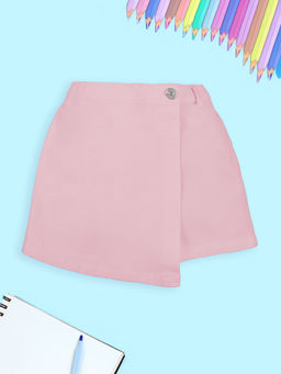 KiddoPanti - Girls Pink Cotton Solid Over Lap Skort