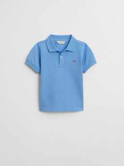 GANT - Boys Blue Solid Regular Fit Shield Pique Polo T-Shirt