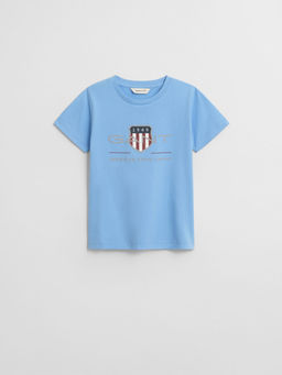 GANT - Boys Blue Typography Round Neck Regular Fit Shield T-Shirt