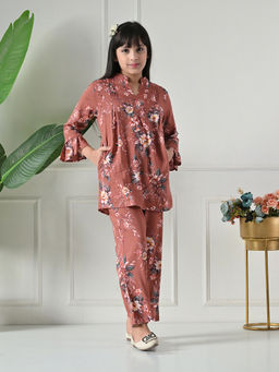 Bella Moda - Cotton Brown Floral Printed Top & Coordinating Pant