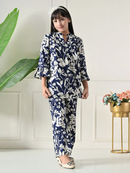 Bella Moda - Cotton Navy Blue Floral Printed Shirt & Coordinating Pant