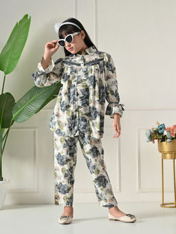 Bella Moda - Cotton Beige Floral Printed Shirt & Coordinating Pant