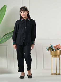 Bella Moda - Cotton Black Floral Embroidered Shirt & Coordinating Pant