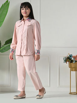 Bella Moda - Cotton Peach Floral Embroidered Shirt & Coordinating Pant
