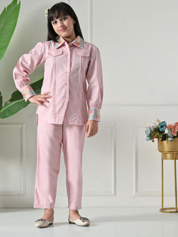 Bella Moda - Cotton Pink Floral Embroidered Shirt & Coordinating Pant
