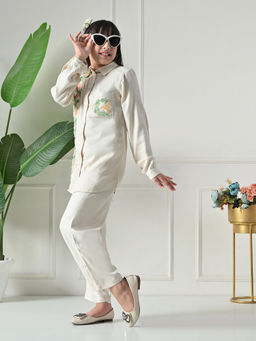 Bella Moda - Cotton Cream Floral Embroidered Shirt & Coordinating Pant