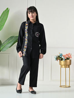 Bella Moda - Cotton Black Floral Embroidered Shirt & Coordinating Pant