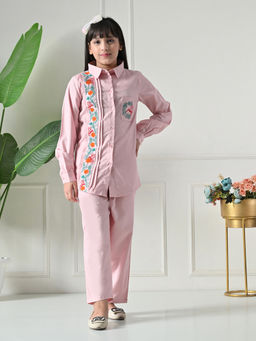 Bella Moda - Cotton Pink Floral Embroidered Shirt & Coordinating Pant