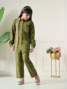 Bella Moda - Cotton Green Floral Embroidered Shirt & Coordinating Pant