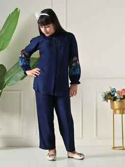 Bella Moda - Cotton Navy Blue Floral Embroidered Shirt & Coordinating Pant