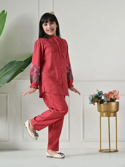 Bella Moda - Cotton Maroon Floral Embroidered Shirt & Coordinating Pant