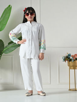 Bella Moda - Cotton White Floral Embroidered Shirt & Coordinating Pant