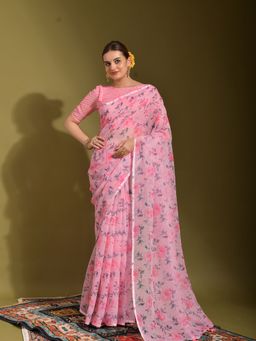Odette - Pink Linen Designer Saree with Unstitched Blouse