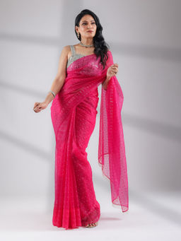 Swtantra - Gold Dots Fuschia Sparkle Organza with Unstitched Blouse Fabric