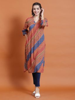Shree - Women Rayon Rust Stripe Print Kurta