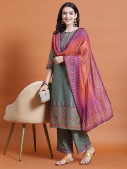 Shree - Women Samaira Silk Green Ornamental Print Kurta And Palazzo With Dupatta (Set Of 3)