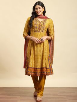 Shree - Women Muslin Mustard Embroidered Kurta And Trouser With Dupatta (Set Of 3)