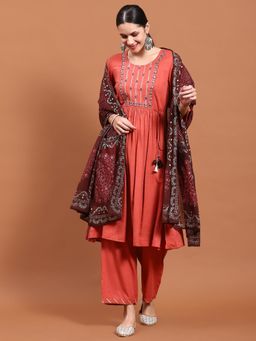 Shree - Women Poly Viscose Coral Embroidered Kurta And Pant With Dupatta (Set Of 3)
