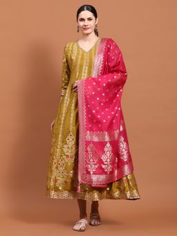 Shree - Women Chanderi Jacquard Mustard Printed Dress With Dupatta (Set Of 2)