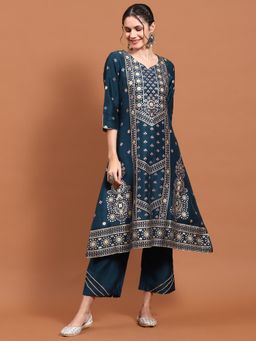 Shree - Women Poly Viscose Blue Geometric Print Kurta With Comfort Pant (Set Of 2)